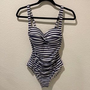 NIPTUCK Blue and White Striped Ruched One Piece Swimsuit